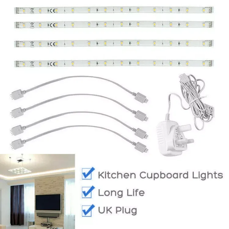 Picture of 4x LED Strip Lights Under Cabinet Kitchen Cupboard Bar Counter Plug In Linkable