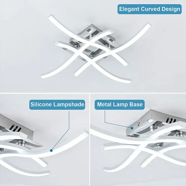 Contemporary wave-arm LED flush mount ceiling fixture