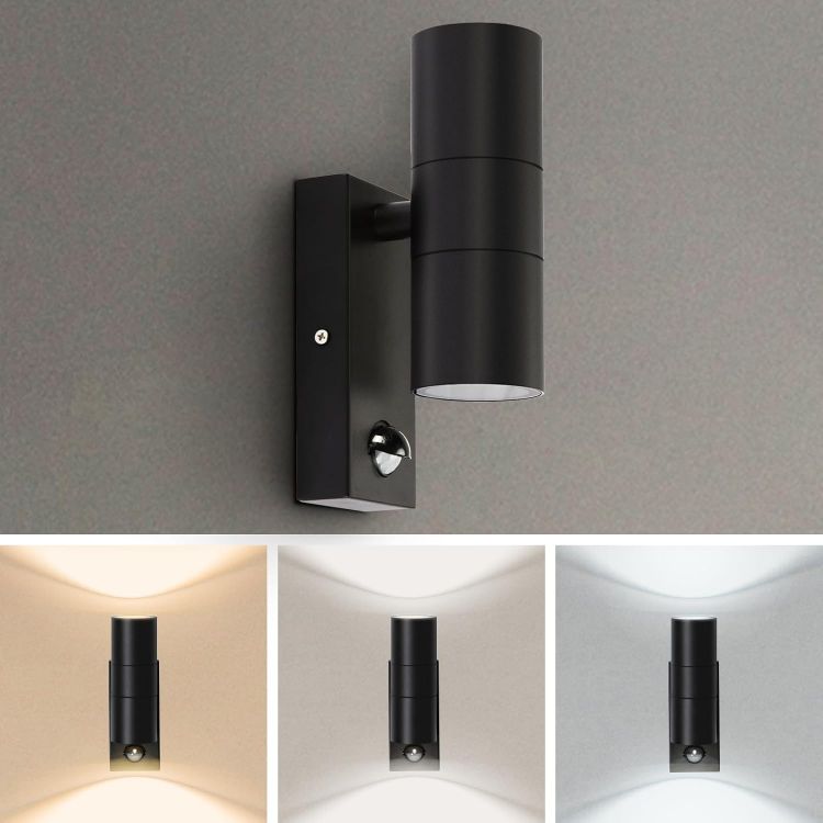 Picture of Outdoor Wall Lights, Up and Down Lamp with Motion Sensor, IP44 Black Stainless Steel Outside Lighting Mains Powered Fixtures