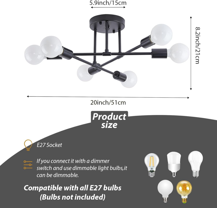 Picture of Modern Ceiling Light Fixtures,Adjustable 6-Light Sputnik E27 Chandelier,Semi-Flush Mount Pendant Lighting Fixtures Plating Finish
