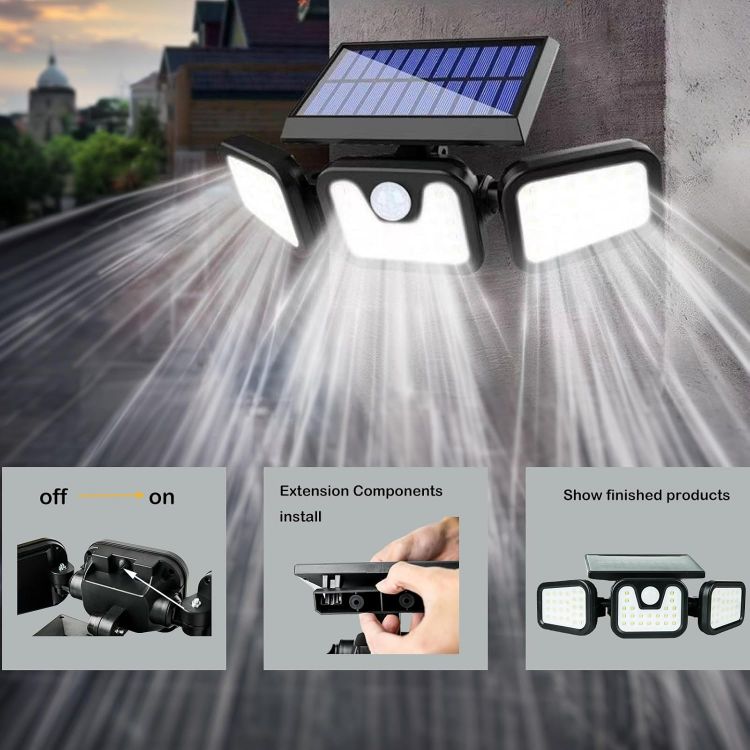 Picture of 3 Head Solar Powered Motion Sensor Outdoor Wall Light | Upgraded 74 LED Trio Solar light  Motion Sensor Security Light