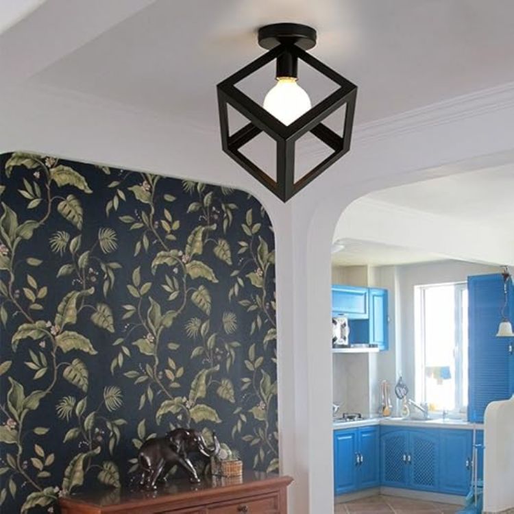 Industrial cube ceiling lamp with black metal frame