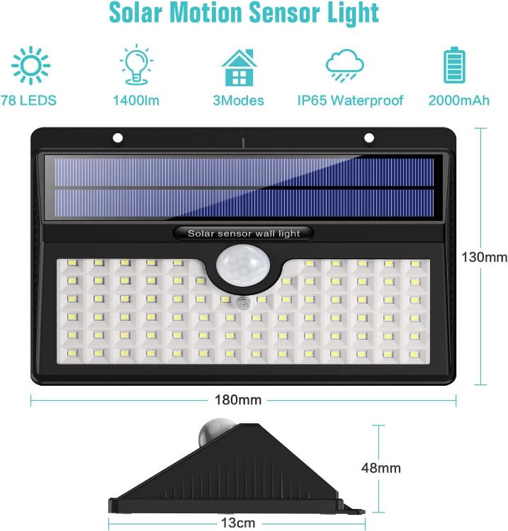 78 LED solar motion sensor wall light for outdoor security