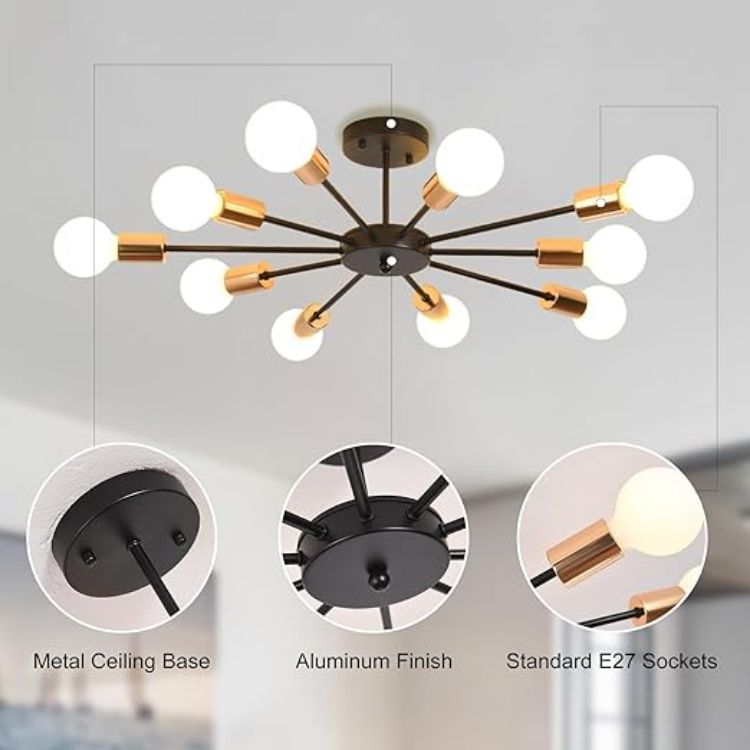Modern Black 10-Light Ceiling Chandelier for Living Room