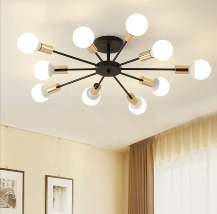 10 Light Semi Flush Mount Black Ceiling Chandelier with E27 Base