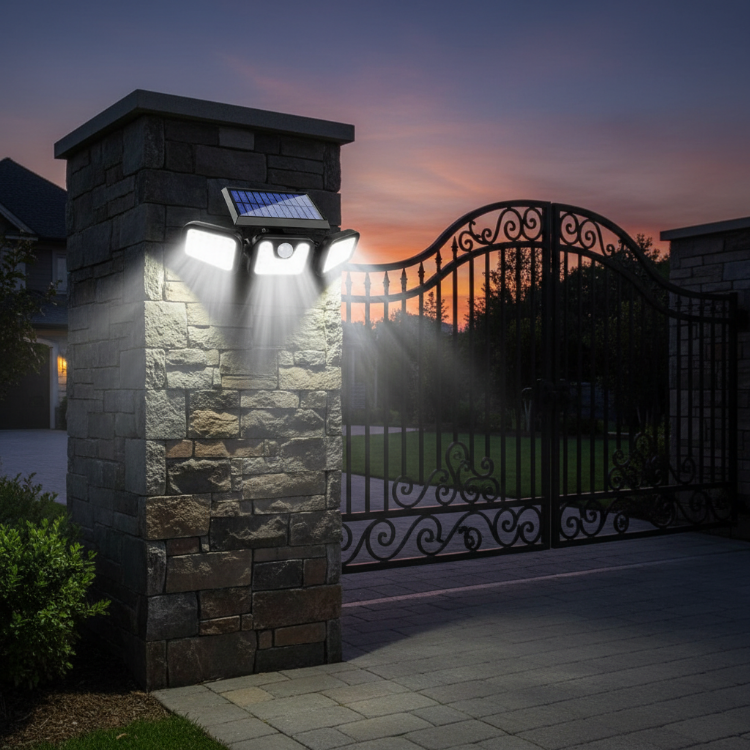 Picture of Outdoor Solar Lights, 74LED Ultra-Bright Motion Sensor Outdoor Lights, 3 Lighting Modes, 270° Wide-Angle Illumination, 3-Sided Solar Security Flood Lights, Ideal for Garages, Yards, and Patios
