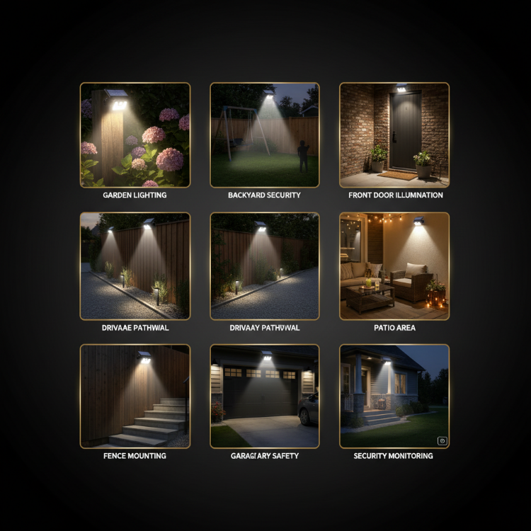 Solar Motion Light Applications for Garden, Driveway, Patio, and Security