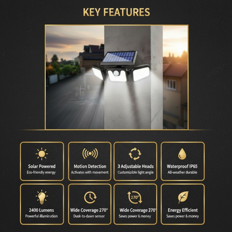 Key Features of Solar Motion Sensor Light - Waterproof, 2400 Lumens, Auto Detection