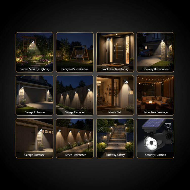 Solar Security Camera Light Key Features and Benefits	Key features infographic highlighting motion sensor, dummy CCTV design,