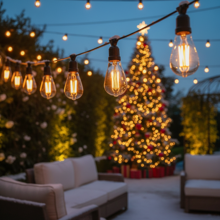 Festoon Lights Creating Festive Christmas Outdoor Decoration in Winter Garden