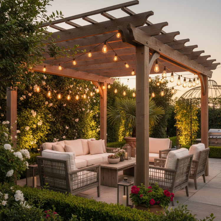 Festoon Lights Illuminating Cozy Backyard 