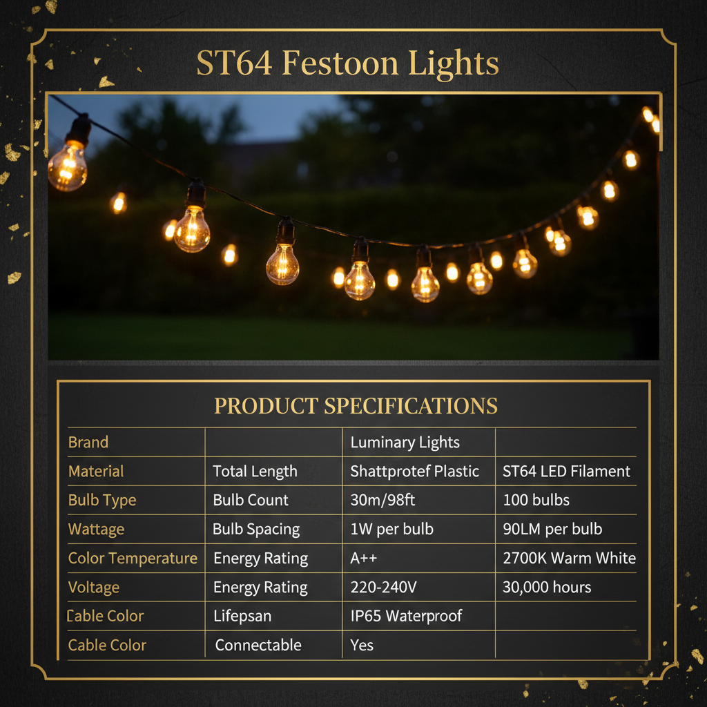 30m Festoon String Lights 100 ST64 LED Bulbs 80W - Warm White 3000K ...