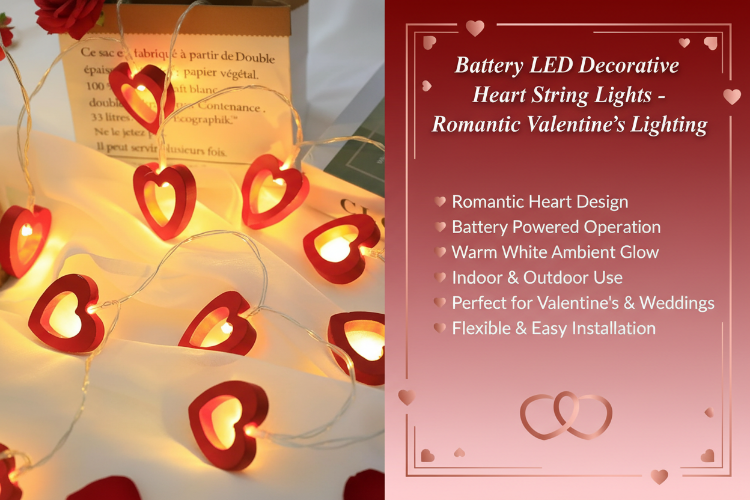 Picture of Warm White Wooden Heart String Lights, 1.5m 10 LED Battery Powered Fairy Lights for Valentine's Day Indoor Decorative String Lights (Red)