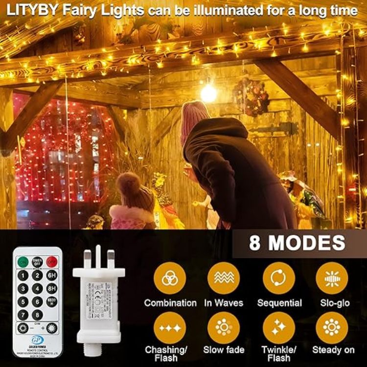 Warm white LED fairy lights with 8 lighting modes