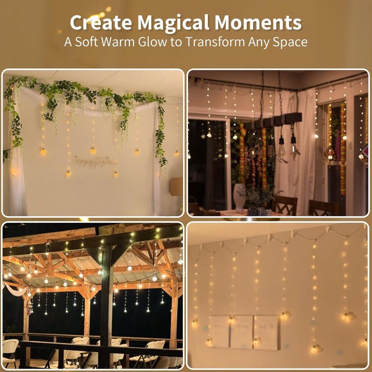 Picture of Wishing Ball Curtain Lights 200 LED Window Curtain Lights with Remote Timer, USB Battery Powered Twinkle Globe Fairy Lights for Wedding Party Bedroom Christmas Decoration (Warm White) 