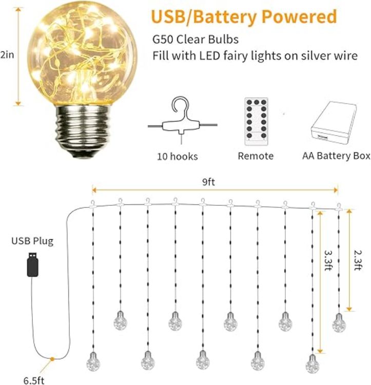 Picture of Wishing Ball Curtain Lights 200 LED Window Curtain Lights with Remote Timer, USB Battery Powered Twinkle Globe Fairy Lights for Wedding Party Bedroom Christmas Decoration (Warm White) 