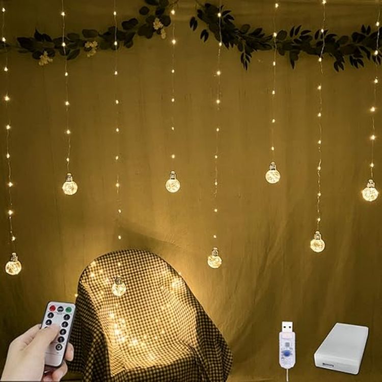 Picture of Wishing Ball Curtain Lights 200 LED Window Curtain Lights with Remote Timer, USB Battery Powered Twinkle Globe Fairy Lights for Wedding Party Bedroom Christmas Decoration (Warm White) 