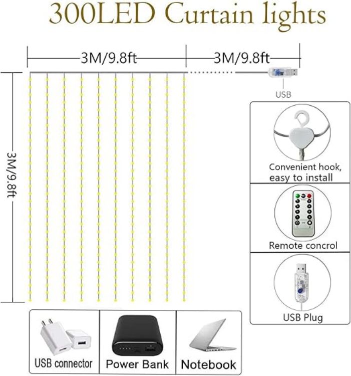Picture of Curtain Fairy Lights, 3m×3m 300LED Fairy Lights with 8 Modes Remote Control Timer Adjustable Brightness, Curtain Light Plug in for Bedroom, Garden, Party, Wedding,Christmas (Warm White)