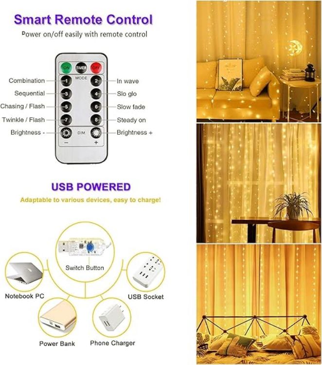 Picture of Curtain Fairy Lights, 3m×3m 300LED Fairy Lights with 8 Modes Remote Control Timer Adjustable Brightness, Curtain Light Plug in for Bedroom, Garden, Party, Wedding,Christmas (Warm White)