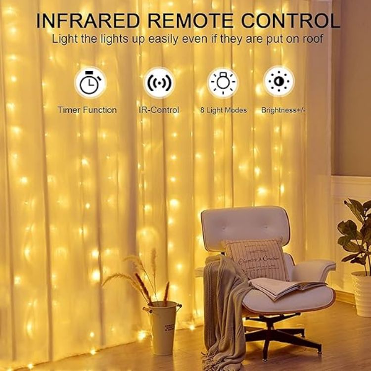Picture of Curtain Fairy Lights, 3m×3m 300LED Fairy Lights with 8 Modes Remote Control Timer Adjustable Brightness, Curtain Light Plug in for Bedroom, Garden, Party, Wedding,Christmas (Warm White)