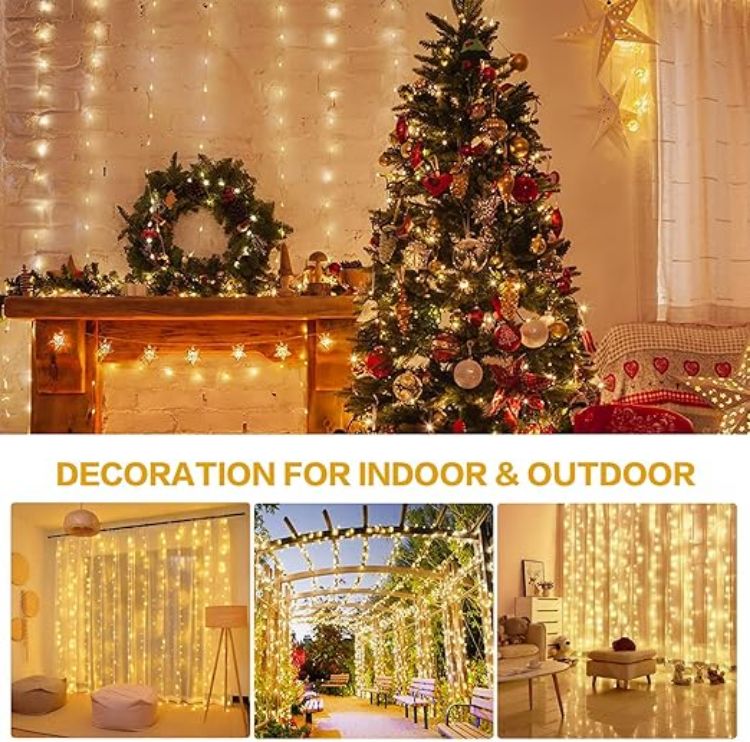 Picture of Curtain Fairy Lights, 3m×3m 300LED Fairy Lights with 8 Modes Remote Control Timer Adjustable Brightness, Curtain Light Plug in for Bedroom, Garden, Party, Wedding,Christmas (Warm White)