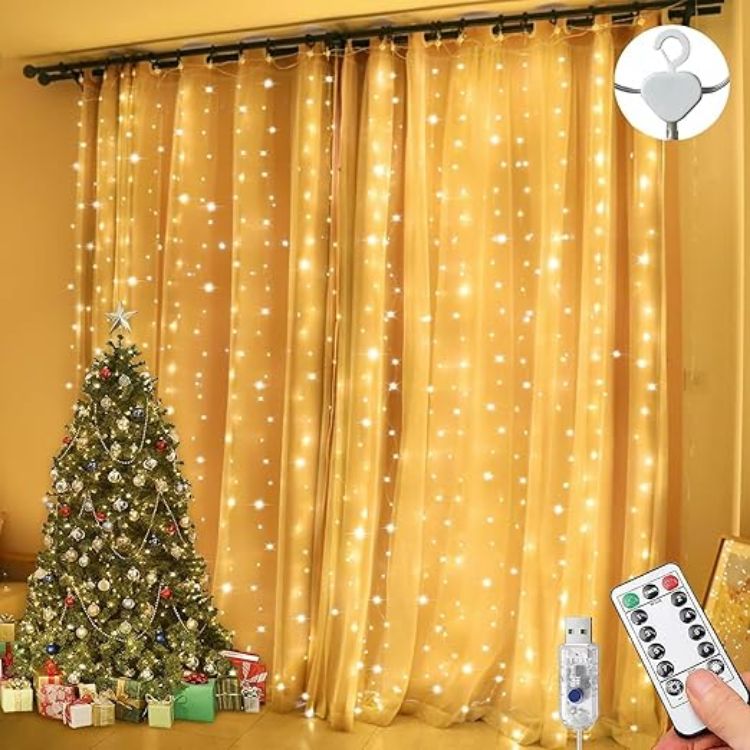 Picture of Curtain Fairy Lights, 3m×3m 300LED Fairy Lights with 8 Modes Remote Control Timer Adjustable Brightness, Curtain Light Plug in for Bedroom, Garden, Party, Wedding,Christmas (Warm White)