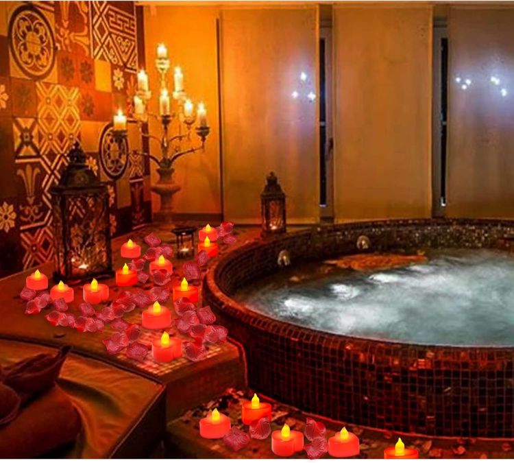 Picture of 24 Pack Heart Shaped LED Tealight Candles with Silk Rose Petals – Romantic Decorative Lights for Special Occasions