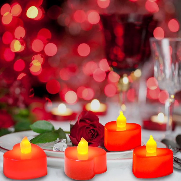Picture of 24 Pack Heart Shaped LED Tealight Candles with Silk Rose Petals – Romantic Decorative Lights for Special Occasions