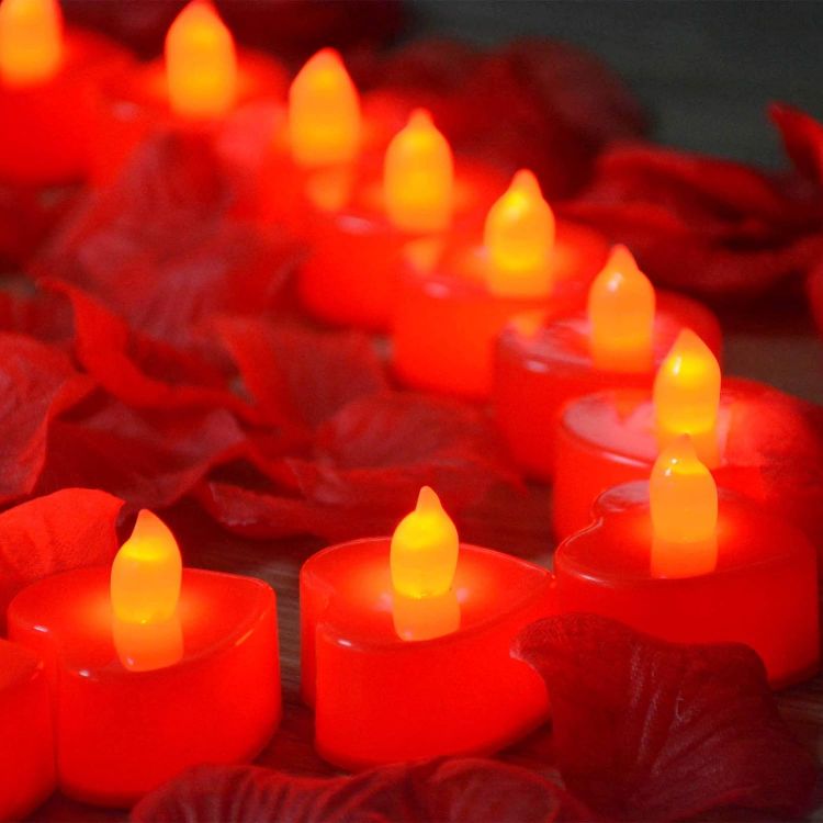 Picture of 24 Pack Heart Shaped LED Tealight Candles with Silk Rose Petals – Romantic Decorative Lights for Special Occasions