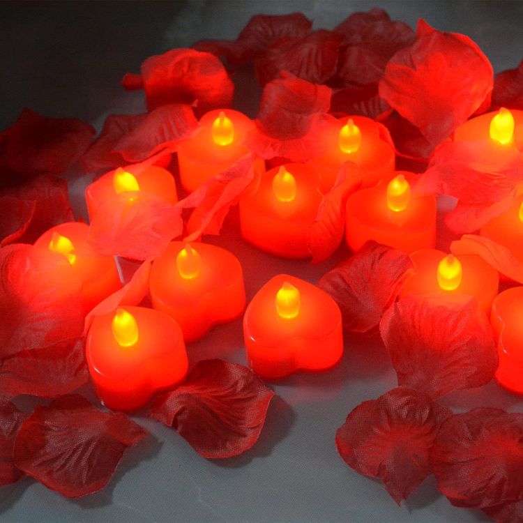 Picture of 24 Pack Heart Shaped LED Tealight Candles with Silk Rose Petals – Romantic Decorative Lights for Special Occasions