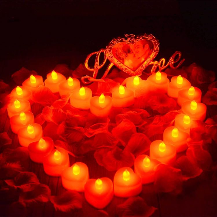 Picture of 24 Pack Heart Shaped LED Tealight Candles with Silk Rose Petals – Romantic Decorative Lights for Special Occasions