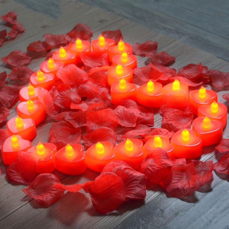 Picture of 24 Pack Heart Shaped LED Tealight Candles with Silk Rose Petals – Romantic Decorative Lights for Special Occasions