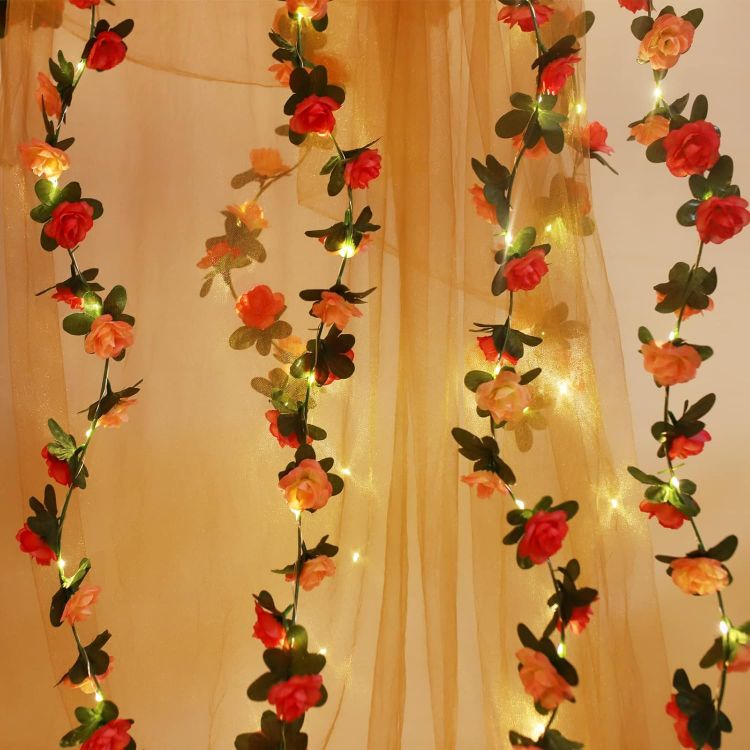 Artificial rose flower vine fairy lights with warm LEDs