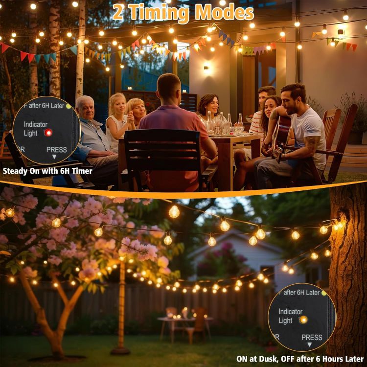 Festoon string lights creating warm ambiance on patio