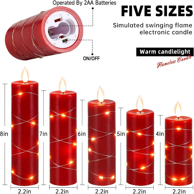 Silver filament fairy lights wrapped around red wax candle creating starlight highlights and charm