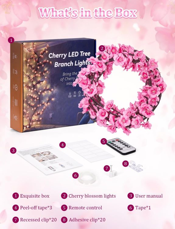 Romantic Valentine's Day bedroom decorated with pink cherry blossom LED branch lights on wall