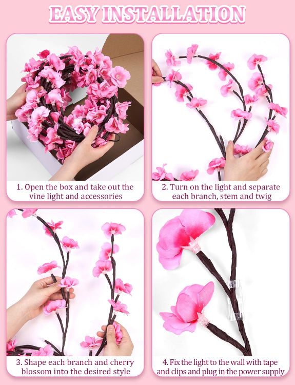 Instagram-worthy photo backdrop created with LED cherry blossom branch wall lights and soft pink glow