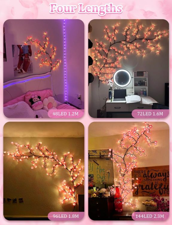 Close-up of pre-assembled artificial pink cherry blossoms with integrated LED lights on brown branches