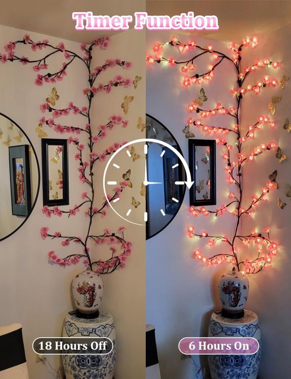 USB cable connecting cherry blossom branch lights to power bank for plug and play operation