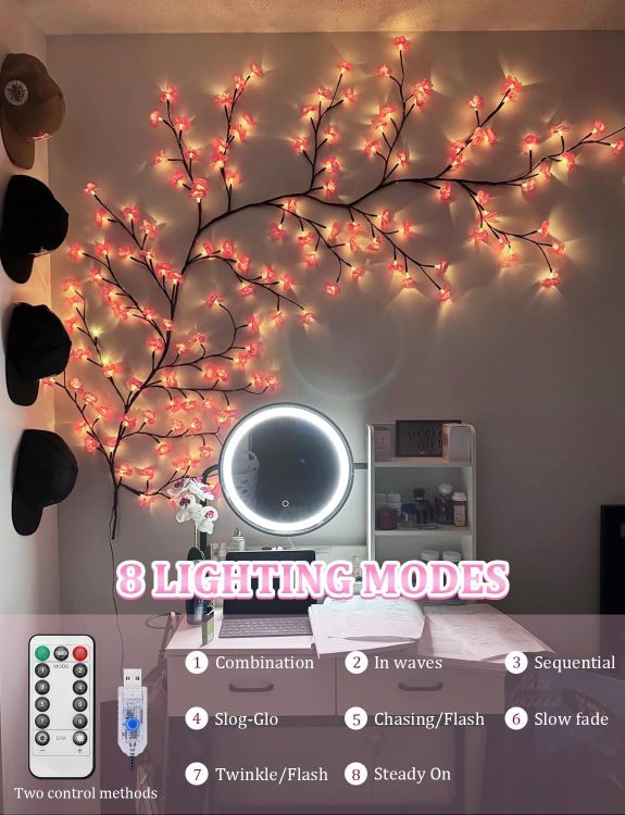 Remote control for cherry blossom lights showing 8 mode options including wave sequence and timer