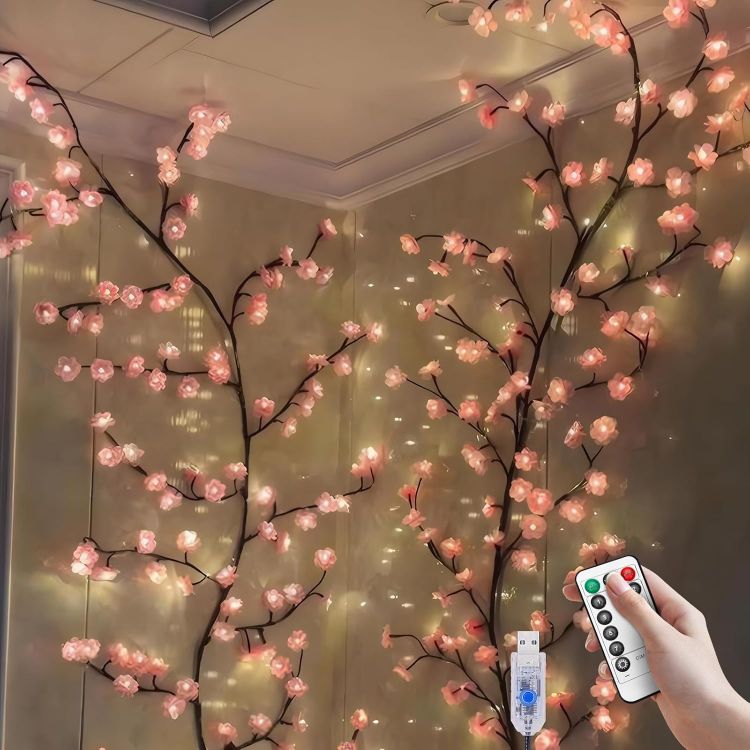 Realistic brown cherry blossom branch with 48 pink LED lights for romantic wall decoration