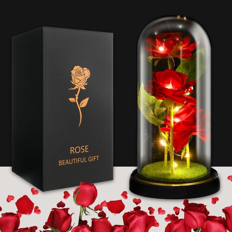 Three vibrant galaxy rainbow roses beautifully preserved in crystal clear glass dome gift for women