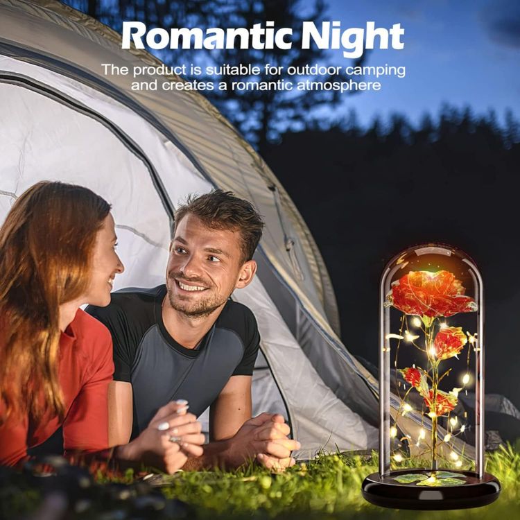 Close-up of galaxy embedded rose petals with colorful LED lights creating unique romantic design