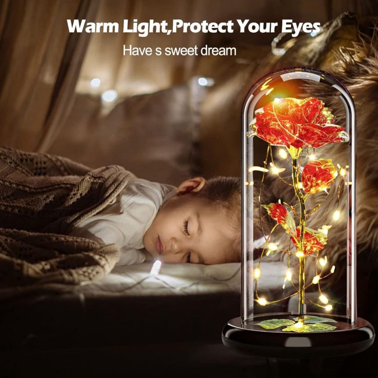 High borosilicate crystal clear glass dome allowing 360-degree viewing of galaxy rose beauty