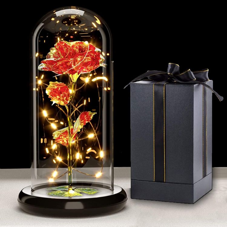 Enchanted galaxy rose with 20 colorful LED lights preserved in crystal clear glass dome on black base