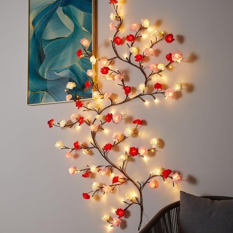 Remote control for rose branch lights showing 8 lighting modes timer and dimmable brightness options