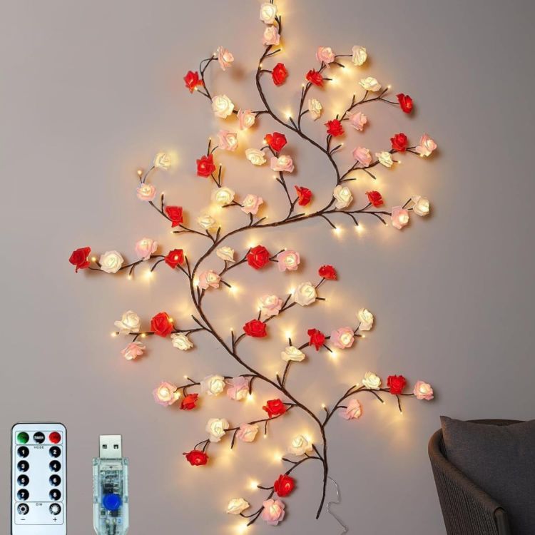 Long 230cm rose blossom tree branch lights with 144 warm white LEDs creating romantic wall decoration