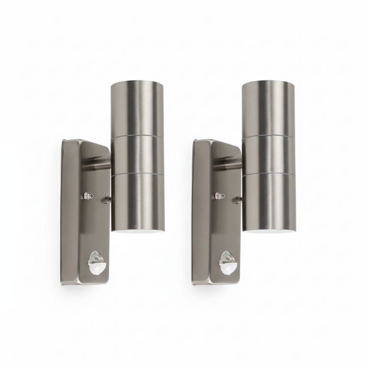 Two outdoor wall lights with PIR motion sensors in silver finish