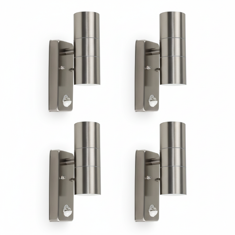 Four outdoor wall lights with PIR motion sensors in silver finish