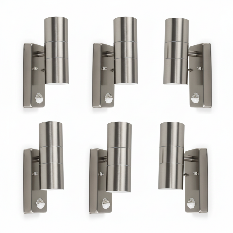 Six outdoor wall lights with PIR motion sensors in silver finish